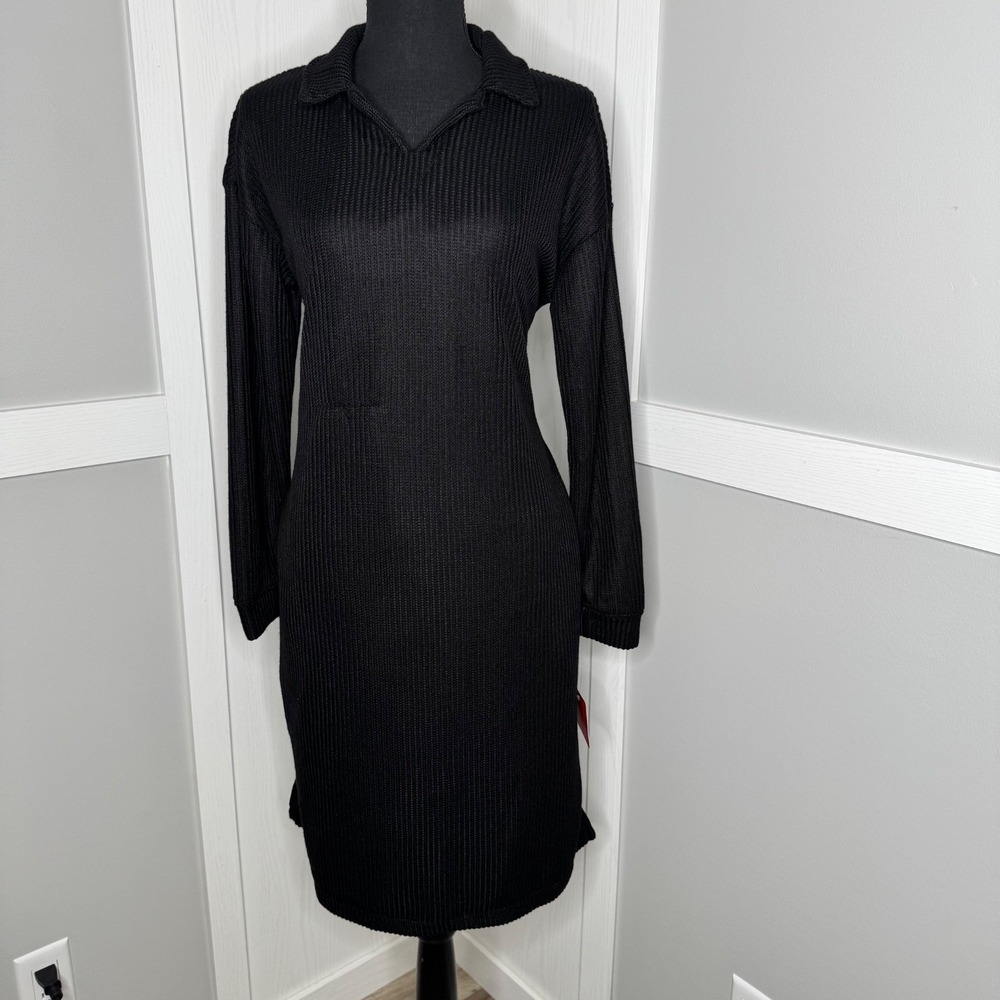 Mondetta Black Ribbed Knit Sweater Dress | Size M NWT Pockets‎ Long Sleeve